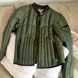 Michael Kors olive green jacket with brown faux leather trim